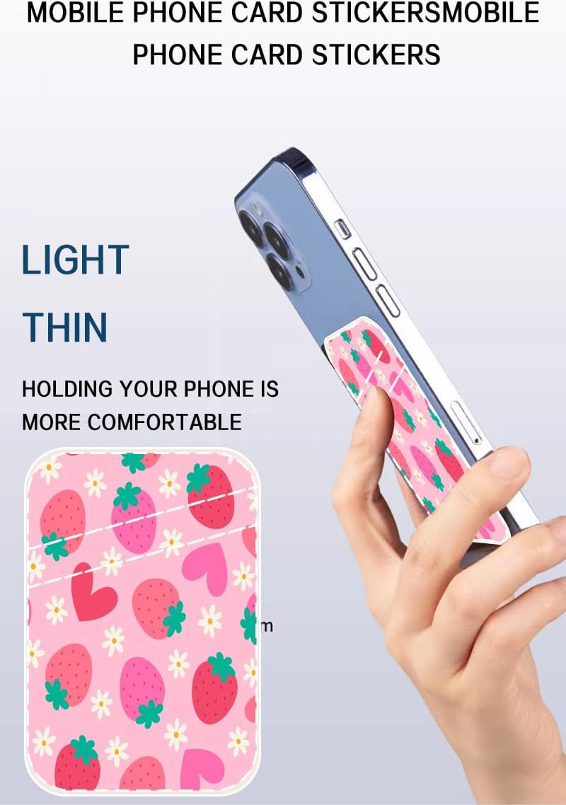 AOHRO Dual Pocket Leather Phone Wallet Adhesive Stick On, Cute Strawberry Card Holder - Image 3